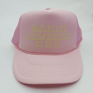 Makin Cowboys Cry Pink Trucker Hat with Yellow Text